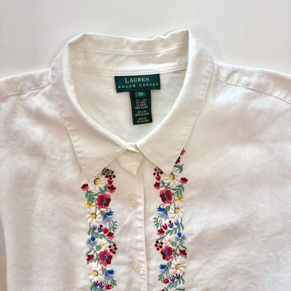 Lauren Ralph Lauren Linen Button-Down Shirt Embroidered Floral Top Blouse 3X - Picture 9 of 10